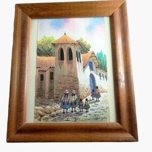 Original Watercolor South American Street Scene Adobe Village Church Framed